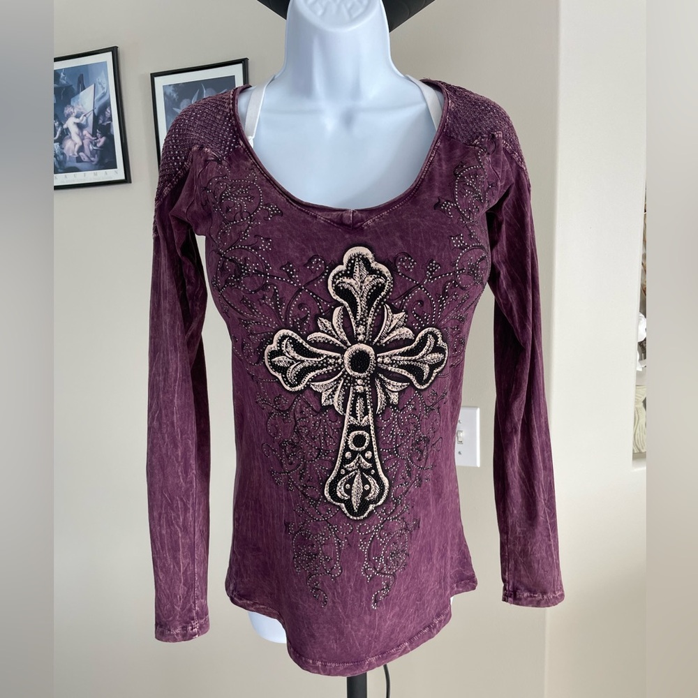 Vocal Plum Long Sleeve Top with Cross Embellishment